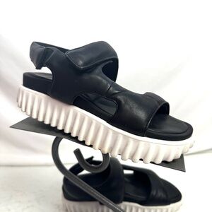 4CCCCEES Waffo Black Leather Platform Slingback Sandals Shoes Size 38 US 8